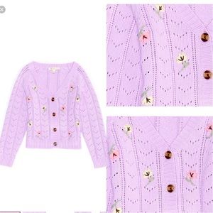 CHELSEA & VIOLET long sleeve embroidered pointelle knit button front cardigan.